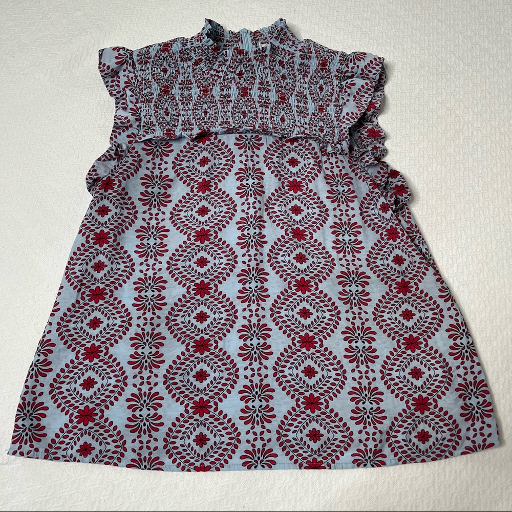 THML Blue and Burgundy Floral Smocked Sleeve Blouse